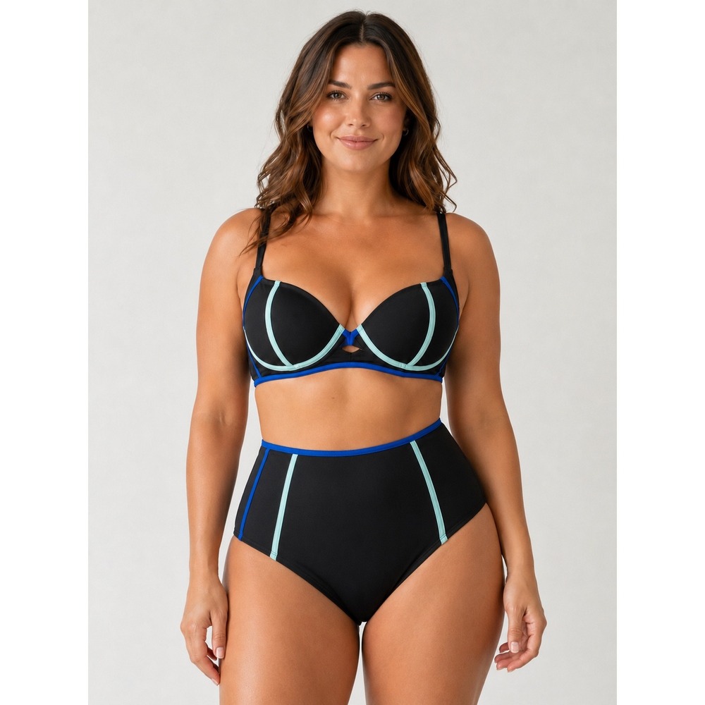 Cacique Bikini Set 40DD 16 Black Blue Sporty Gorpcore High Waist Underwire Swim